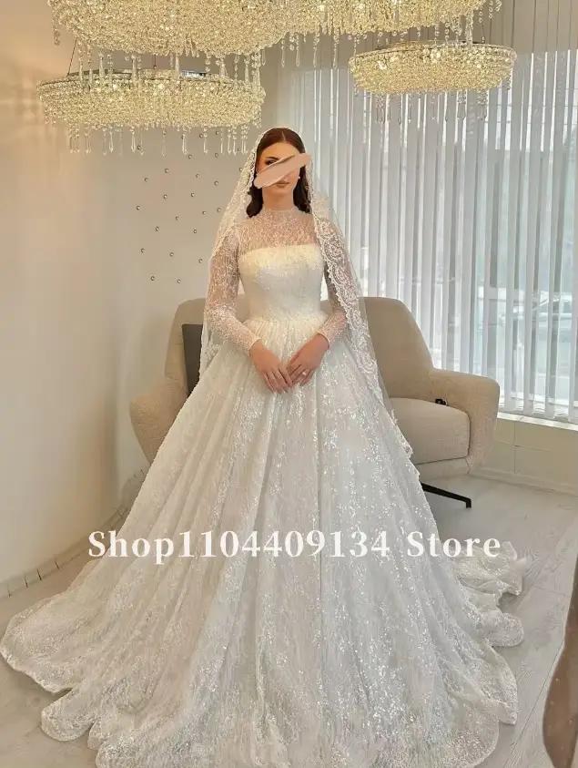 Robe de mariée de luxe coupe trapèze, col montant, style arabe, robe de bal pour femme, à manches lo