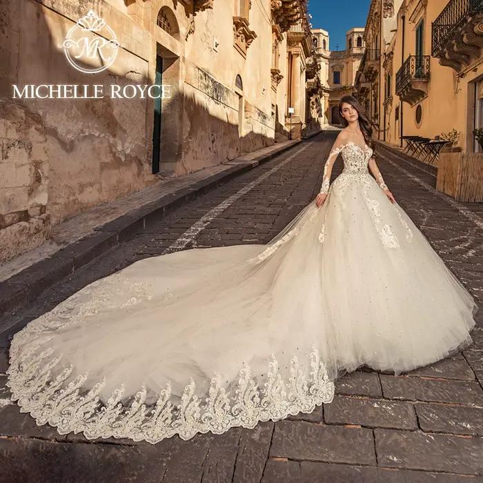 Michelle Royce robe De bal robes De mariée mariée broderie manches longues cristal Royal Train robe 