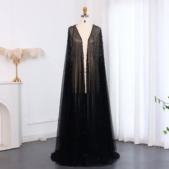 Sharon Said élégant noir perlé Cape robe de soirée avec balayage étage arabe pour les femmes robe de