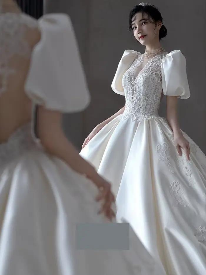 Robe de mariée en Satin français, avec manches à bulles, Style palais, rétro et Simple, Style Super 