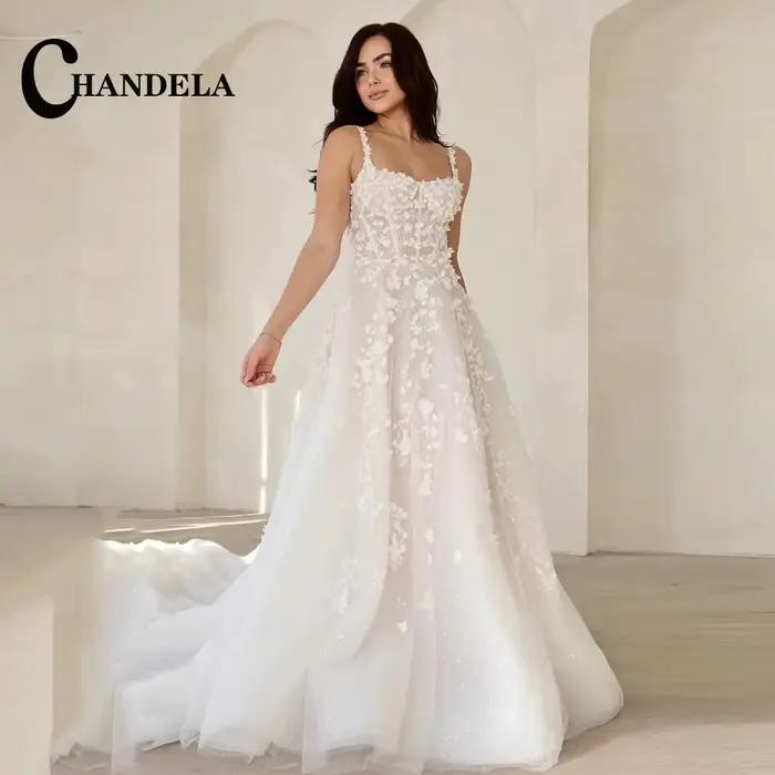 CHANDELA-Robe de Mariée en Tulle pour Femme, Tenue de Soirée en Forme de Trapèze, avec Appliques, Fe