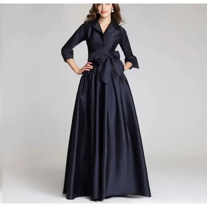 Robe mère de la mariée bleu marine, en Satin, personnalisée, col en v, manches 3/4, ligne a, longueu