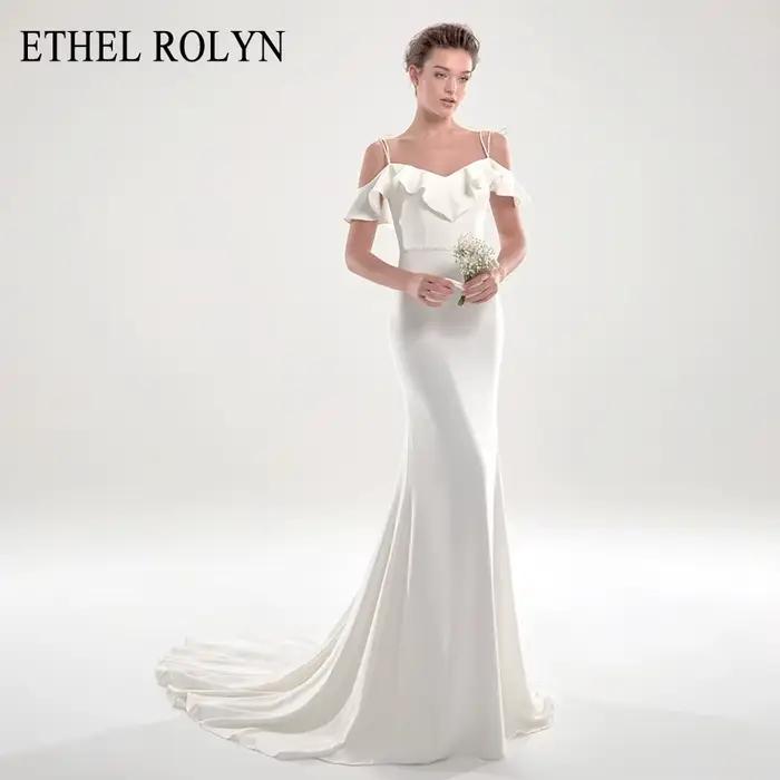 ETHEL ROLYN robe De mariée sirène élégante Satin volants perles bretelles Spaghetti robes De mariée 