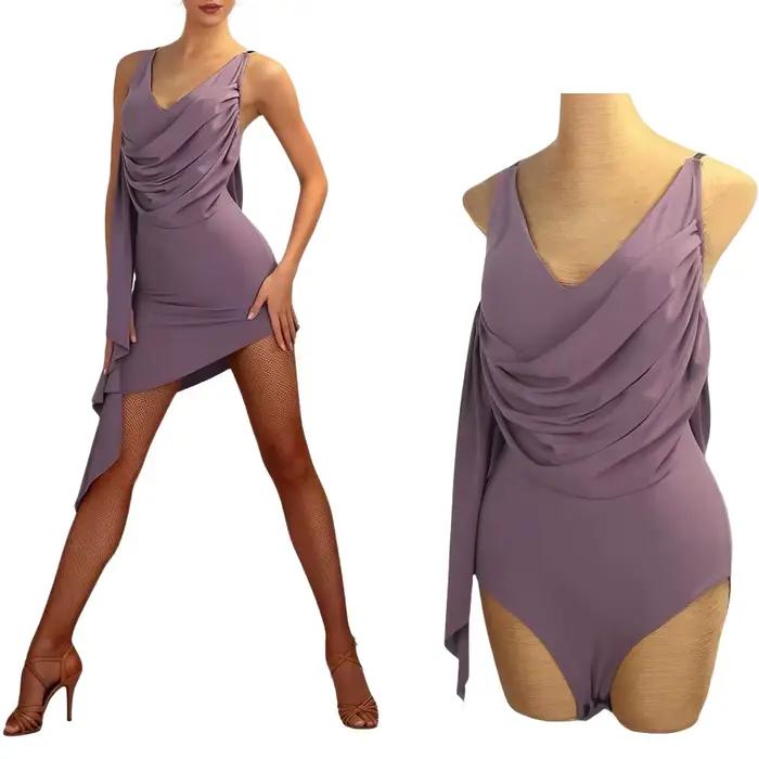 Robe de danse latine asymétrique drapée pour femme, sans manches, col en V, tenue d'entraînement pou