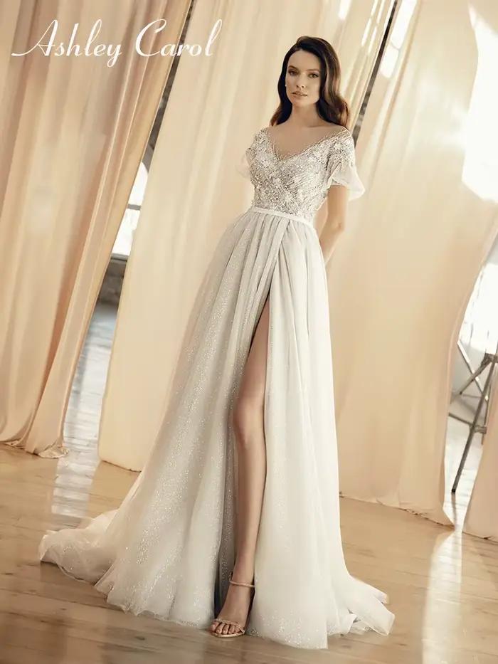 Ashley Carol-Robes de mariée à manches bouffantes, robes de mariée de luxe sexy, col en V rêveur, pe