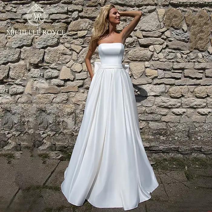 Michelle Royce a-ling robes De mariée élégantes sans bretelles à lacets ceintures nœud Court Train r