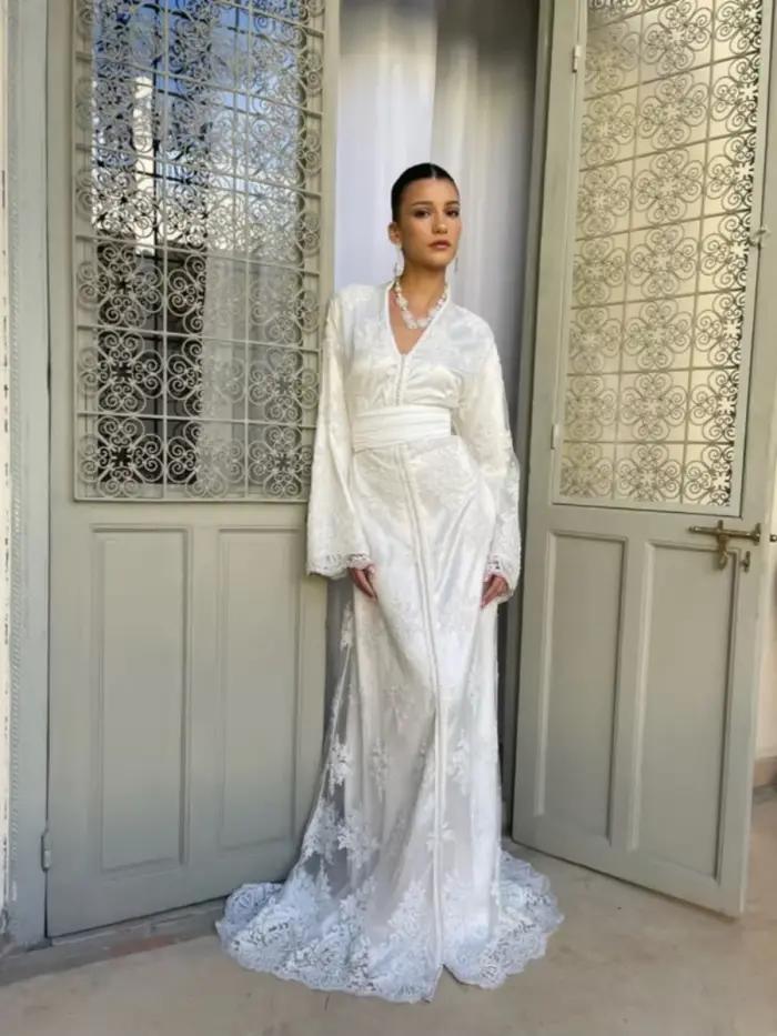 Kaftan marocain blanc, robes de soirée musulmanes, robes longues à manches longues en dentelle, abay