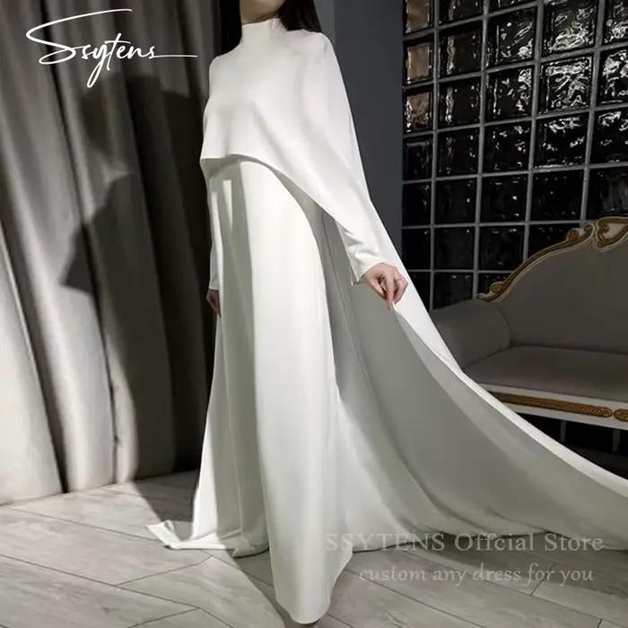 Robe de Soirée Élégante pour Femme Musulmane, Tenue de Bal Formelle Blanche, avec Cape, Col Haut, po