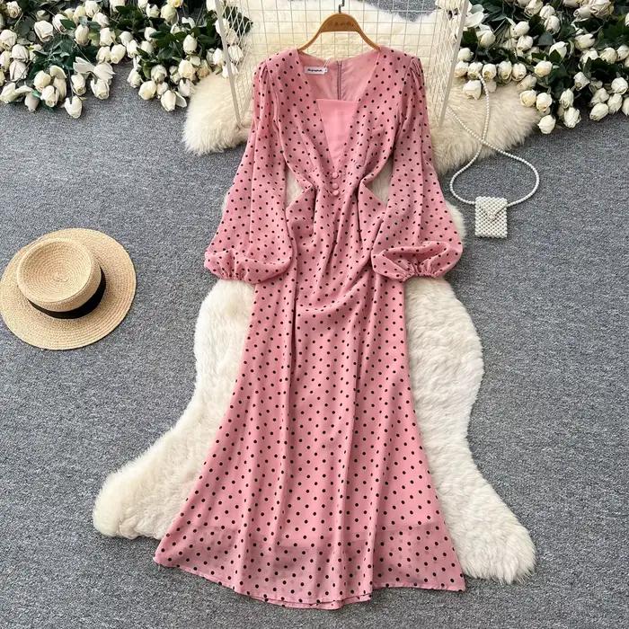 Robe longue femme imprimée à pois, style Y2K streetwear, col en V, manches lanternes, taille ajustée