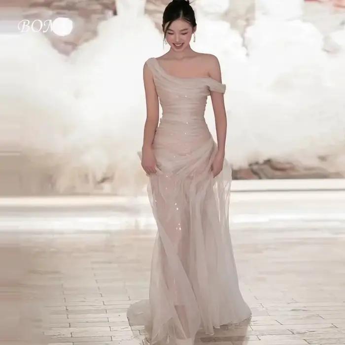 Robes de soirée de mariage sirène en tulle moderne BOMP 2025, une épaule, plissée, robe de bal, long