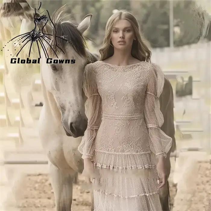 Robe de soirée en tulle à col rond pour femmes, robes de RhA-ligne, manches longues, occasion formel