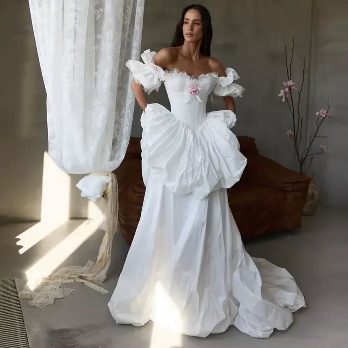 Robes de mariée longues blanches de rêve, robes d'événements formels modestes pour femmes avec détai