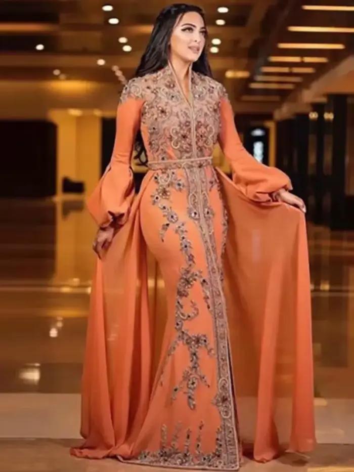 Robes de soirée musulmanes caftan marocain orange, sirène, manches longues, appliques, Dubaï, arabe,