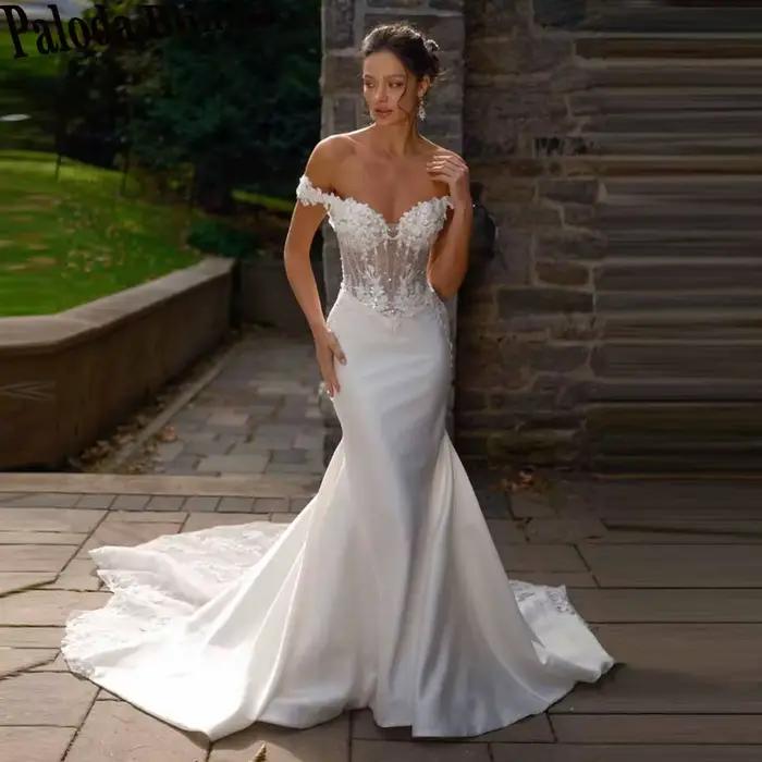 Robes de mariée attrayantes Paloda pour femmes, sirène, appliques, épaules dénudées, satin, robe de 