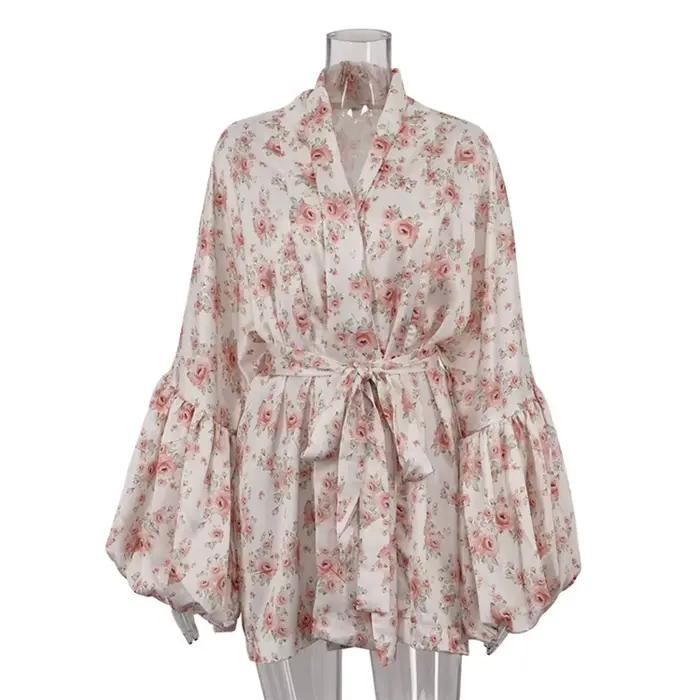 Sexy col en v imprimé robe courte femmes mode manches bouffantes plissé taille haute à lacets Mini R