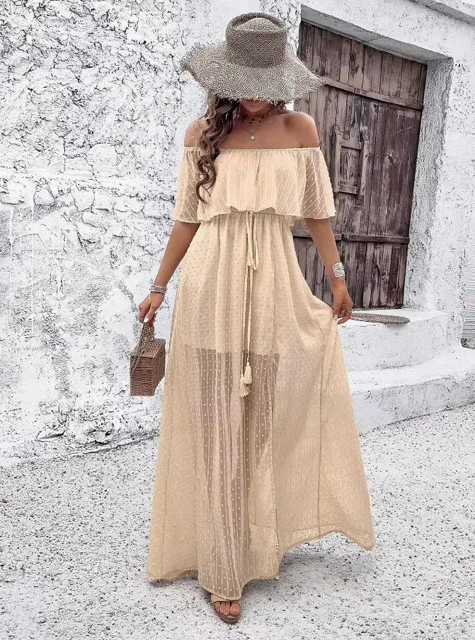 Robe de vacances style Boho pour femmes, épaules dénudées, manches courtes, col Slash, taille haute,