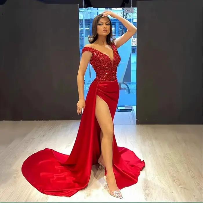 Charmante robe De soirée à paillettes rouges, style sirène, col en V, fente haute, robes De bal form
