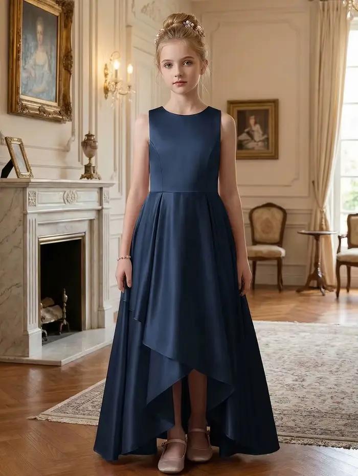 Robe de soirée longue pour adolescente, robe de mariée, bleu foncé, satin haut de gamme avec jupe év