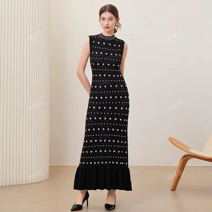 Robe tricotée au Design européen et américain pour femmes, col rond, perle chaude, Style Long aminci