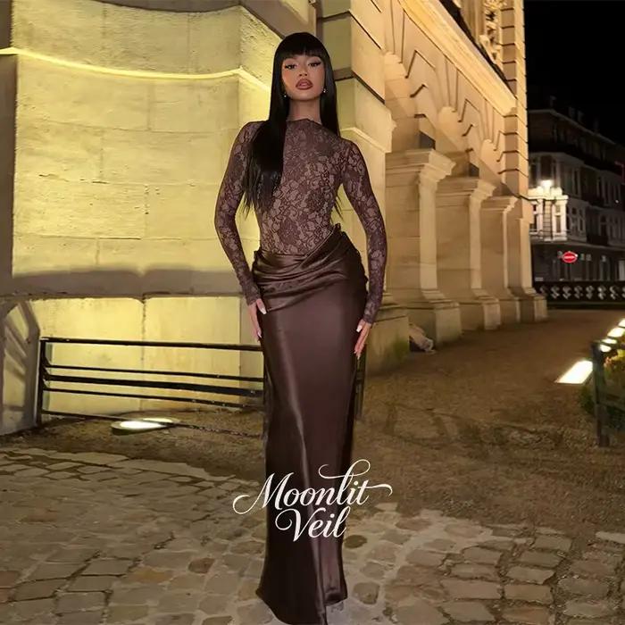 Robe de bal sirène personnalisée Moonlit Veil à col montant, plissée en dentelle, manches longues, l