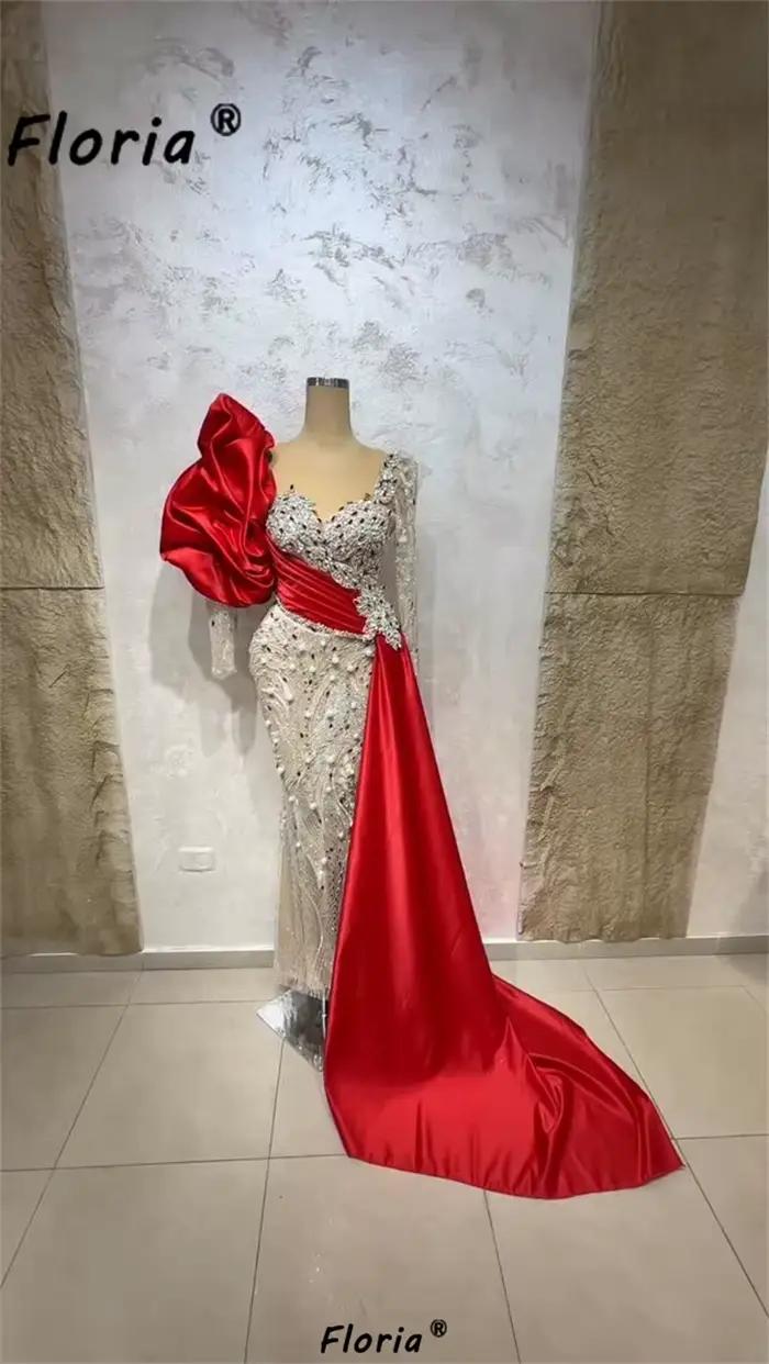Robe de mariée rouge de Dubaï avec traîne, perles et cristaux, style sirène, manches bouffantes, pou