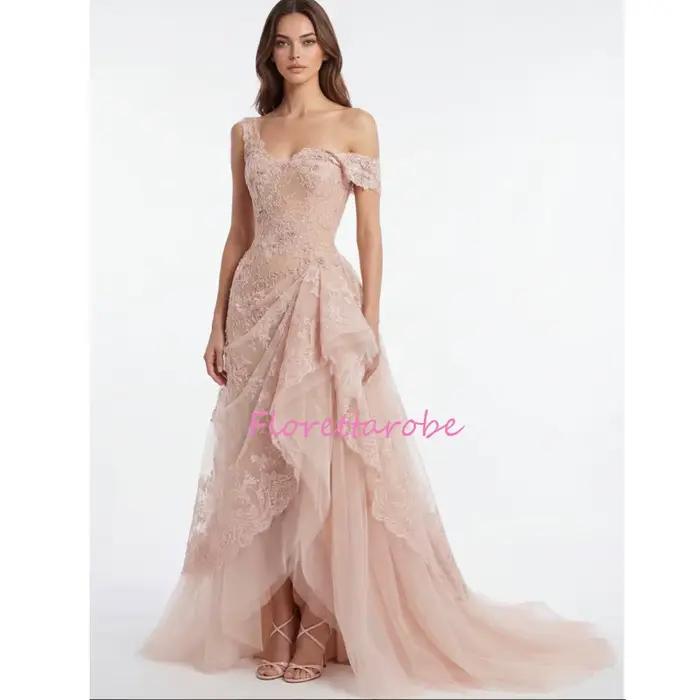 Robe de soirée élégante avec appliques en dentelle plissée pour femme, robe de bal longue arabe, rob