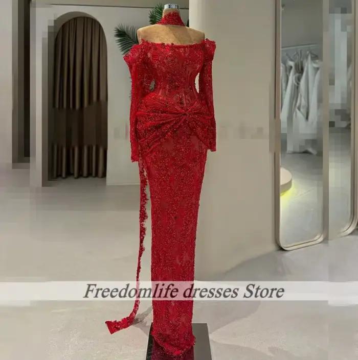 Robe De soirée rouge en dentelle, manches longues, avec des appliques, robe De soirée De mariage, st