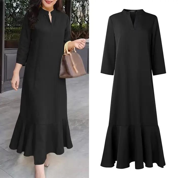 ZANZEA Robe longue élégante unie pour femme, col en V, manches 3/4, ourlet à volants, robe maxi déco