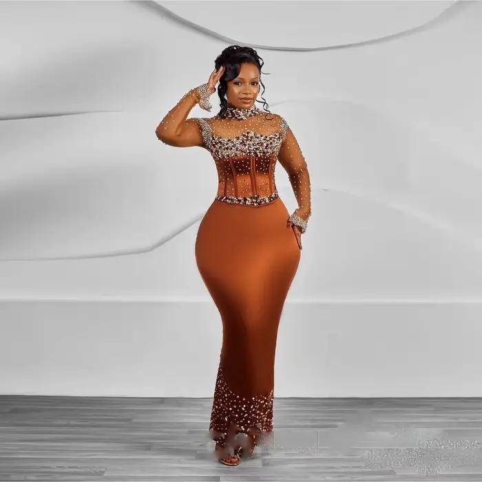 Asoebi-Robe de Soirée Élégante à Manches sulf, Tenue Formelle, Orange Brûlé, Perles, sur Mesure