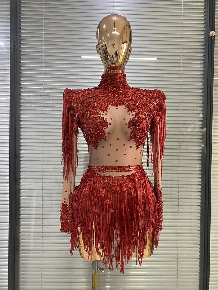 Robe de danse de salon pour femme, rouge, scintillante, avec strass, paillettes et franges, justauco