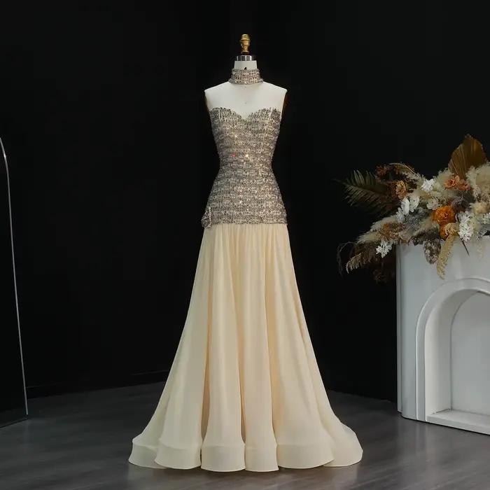 Sharon Said – robe de soirée dorée haut de gamme, en forme de cœur, de luxe, avec perles de cristal,