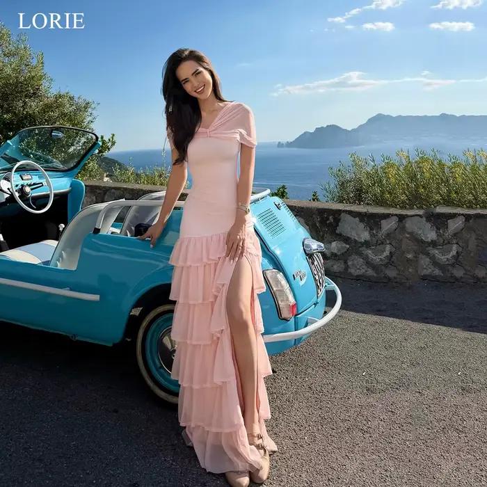 LORIE Robes de soirée chics à épaules dénudées, robes de fête cintrées à la taille, à volants, à fen