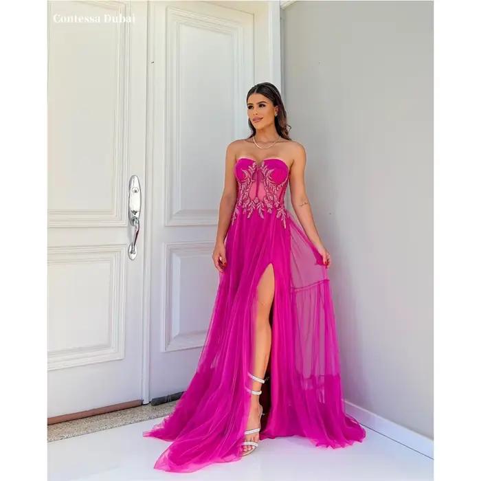 Contessa Dubai rose paillettes côté haute fente robes de bal balayage Train personnalisé فساتmaveraا