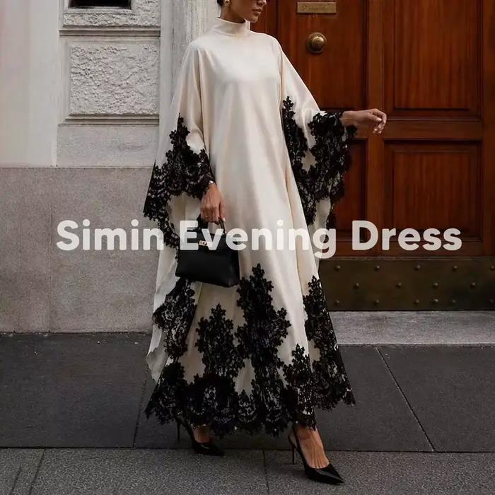 Robe de soirée élégante Simin à col montant, Abaya longue en satin noir et dentelle pour femme, idéa