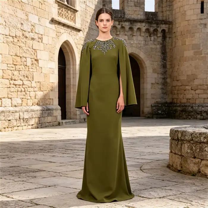 Robe de soirée sirène personnalisée pour mère de la mariée, à manches cape couleur olive, col rond, 