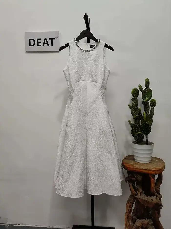 DEAT Robe Midi Femme Col Rond Sans Manches Taille Empire Style Vintage Robe de Bal Nouvelle Collecti