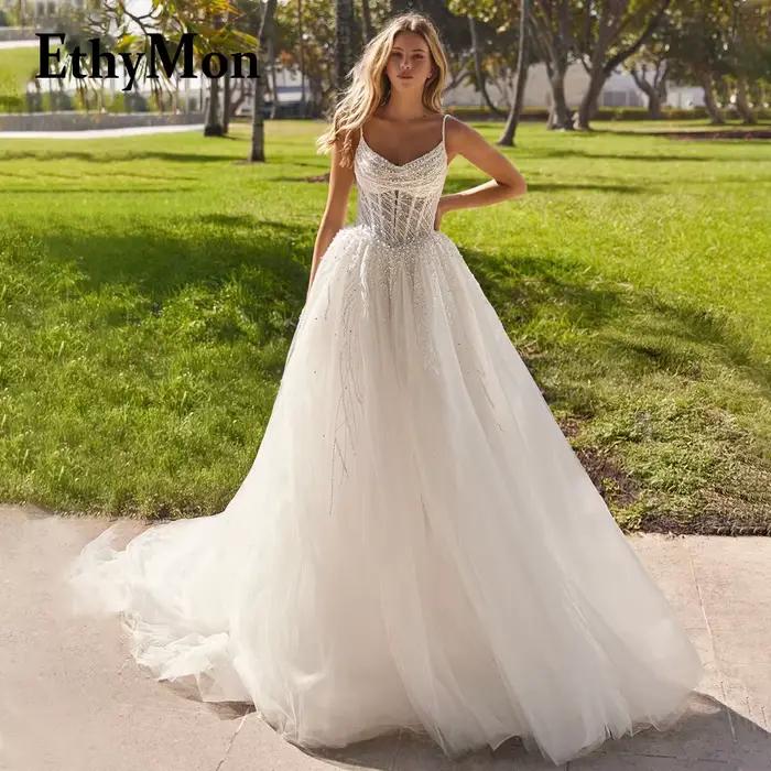 Ethymon charmante bretelles Spaghetti robes De mariée pour les femmes mariée perles a-ligne Tulle ba