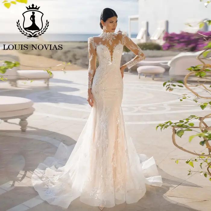LOUIS NOVIAS robes De mariée sirène pour femmes col rond Appliques paillettes Illusion brosse Train 