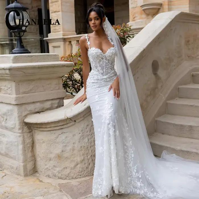 CHANDELA Robe de mariée fantaisie style sirène avec bretelles spaghetti, appliques en dentelle, ferm