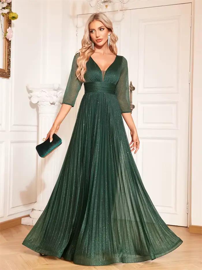 Lucyinlove luxe à manches longues robes de soirée formelles élégant col en v longueur au sol femmes 
