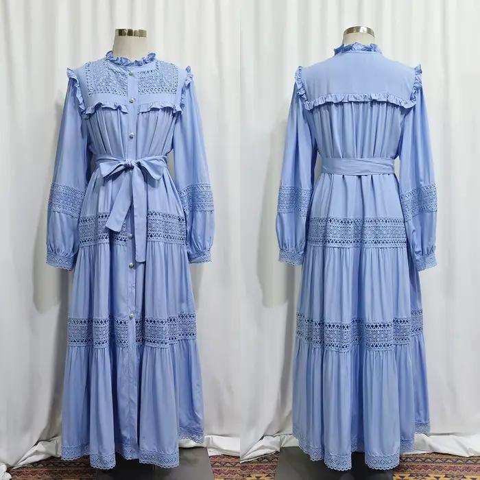 Robe en dentelle pour femme, Abaya musulmane, Jalabiya, Caftan, Robe longue, à simple boutonnage et 
