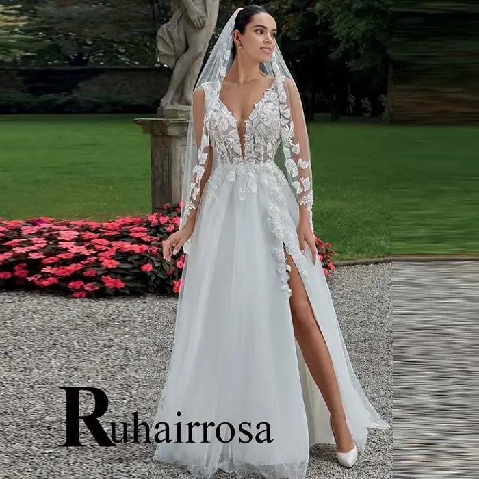 Ruhair Robe De mariée raffinée pour femmes, ligne a, sans manches, boutons, fente haute, col en v, R
