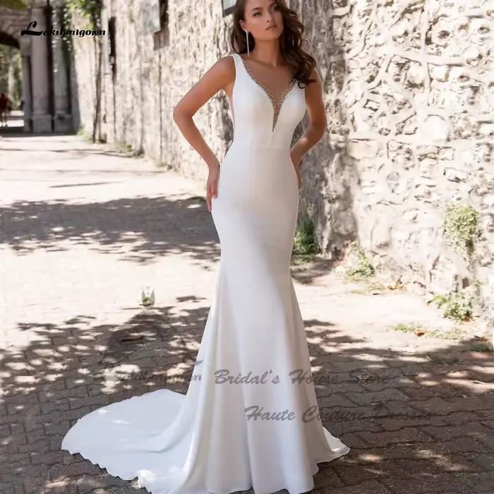 Lashmigown-Robe de Mariée Sirène Élégante à Perles, en Crêpe, pour Patients, Style Boho, sur la Plag