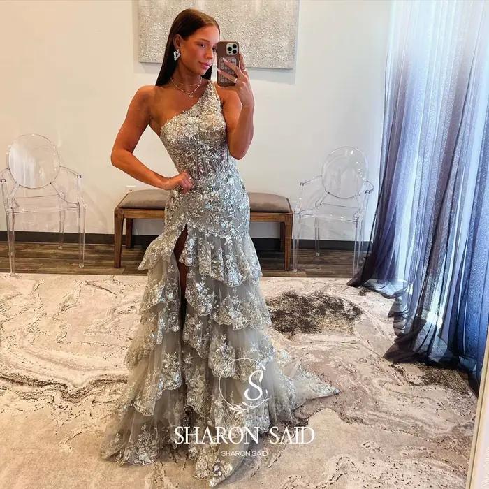 Sharon Said-Robe de Soirée à Paillettes pour Femme, Broderie Argentée, Fente Latérale Haute, ixde Re