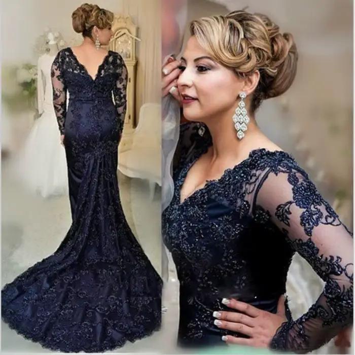 Robe sirène en dentelle bleu marine pour mère de la mariée, manches longues, col en V, appliques, ro