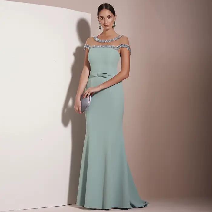 Robes d'invité de mariage vert clair pour femmes, sirène à perles, mère de la mariée, mancherons lon