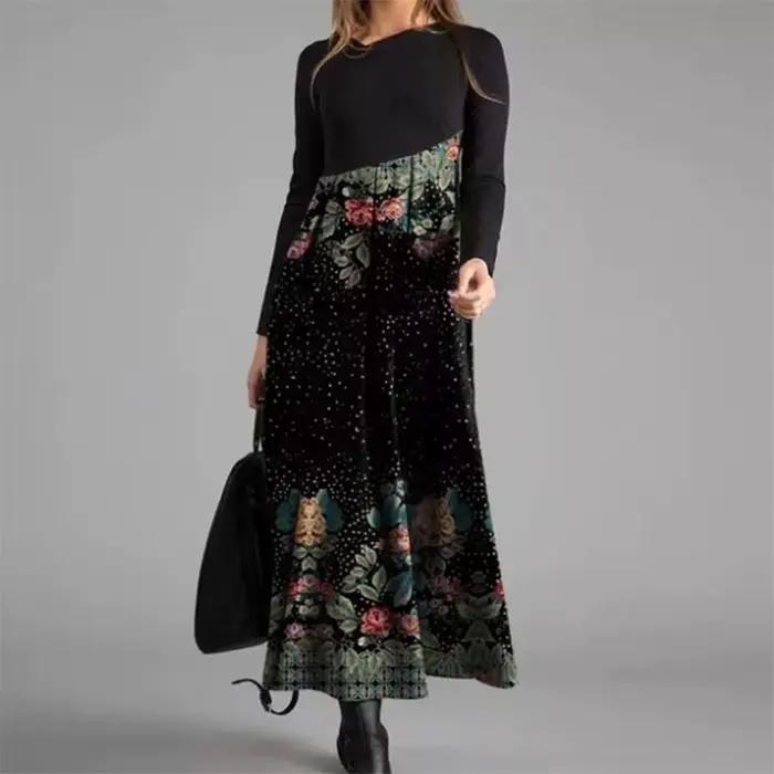 Robe longue élégante à col en V pour femmes, robe trapèze, coton vintage, manches longues, robes de 