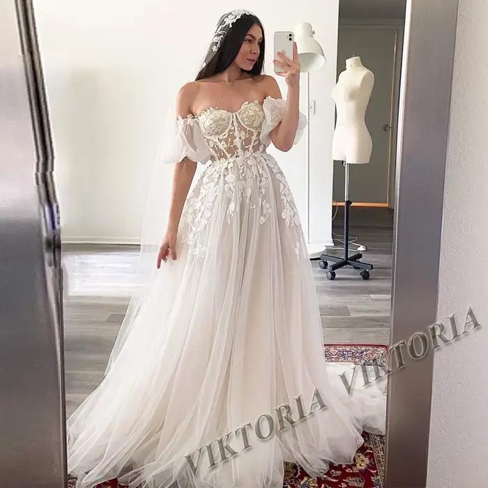 VIKTORIA-Robes de mariée A-Line pour femme, laçage, chérie, manches lanterne, vêtements éducatifs pe