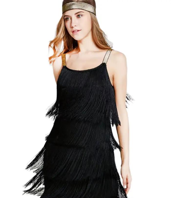 Robe Gatsby magnifique des années 1920, col Slash, bretelles, franges à plusieurs niveaux, Vintage, 