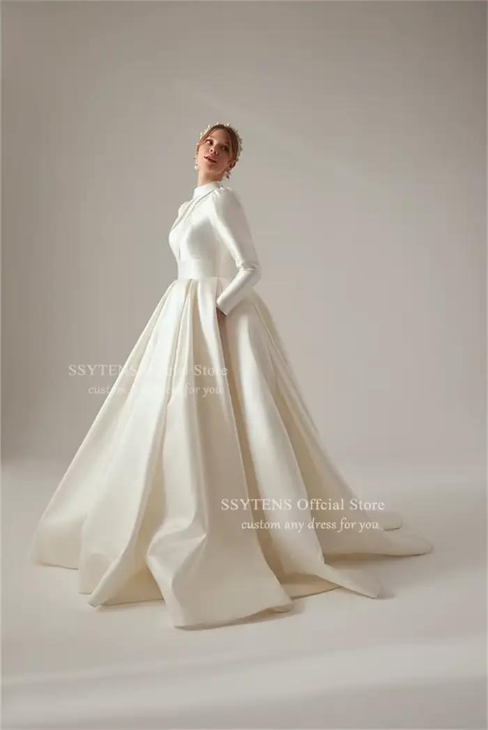 SSYTENS-Robes de mariée ivoire pour femmes musulmanes, manches longues, col roulé formel, mariée civ